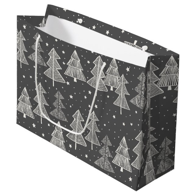 Chalkboard Handdrawn Christmas Trees Snowing Large Gift Bag (Front Angled)