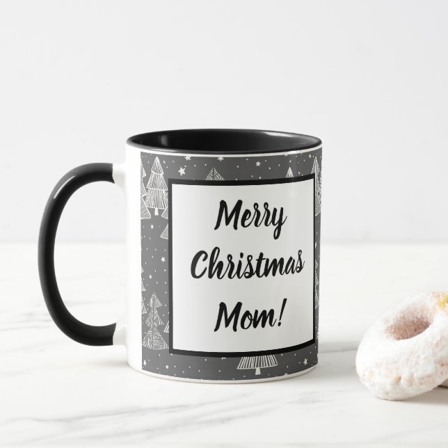 Chalkboard Handdrawn Christmas Trees Snowing Mug (With Donut)