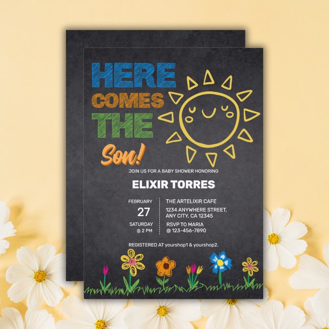Chalkboard Here Comes The Son Baby Shower Invitation (Creator Uploaded)