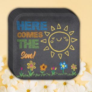 Chalkboard Here Comes The Son Baby Shower Paper Plate