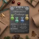 Chalkboard Holiday Ornament Exchange Party Invite<br><div class="desc">Invite your guests with this elegant ornament exchange party invitation featuring modern typography and beautiful baubles against a chalkboard background. Simply add your event details on this easy-to-use template to make it a one-of-a-kind invitation. Flip the card over to reveal a beautiful dots pattern on the back of the card....</div>