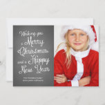 Chalkboard Holiday Photo Christmas Wishes Coral<br><div class="desc">Chalkboard holiday cards featuring the words "wishing you a merry christmas and a happy new year", in white, cute and curly calligraphy like typeface, and one photo template of smiling girl dressed like santa claus. The back of these chalkboard Christmas cards feature a festive nautical design, with a coral and...</div>