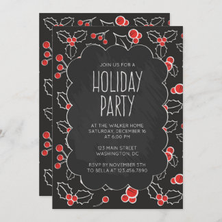 Chalkboard Holly Berries Holiday Party Invitation