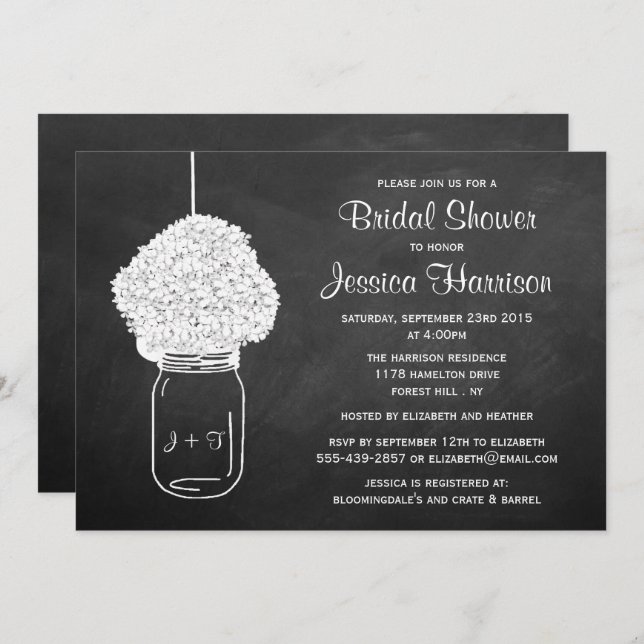 Chalkboard Hydrangea Mason Jar Bridal Shower Invitation (Front/Back)