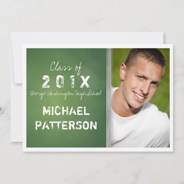 Chalkboard in Green Bold Guy Graduation Party Invitation (Front)