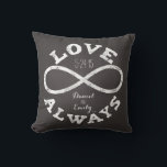 Chalkboard Infinity Love Wedding Date and Names Cushion<br><div class="desc">Celebrate the infinite love between your favourite bride and groom with this customisable pillow! A white chalk infinity symbol and “Love Always” text surrounds a couple's names and wedding date on a black chalkboard background. Makes a beautiful,  modern,  personalised gift.</div>
