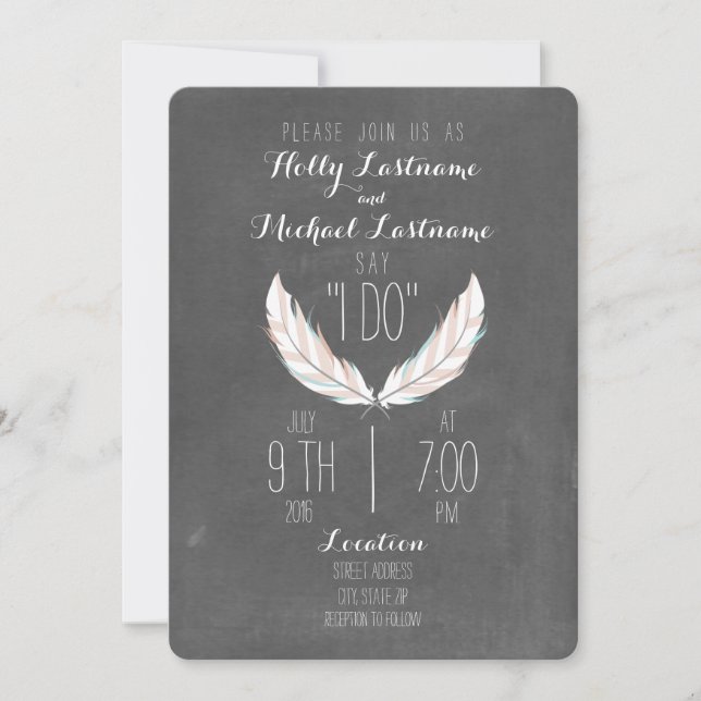 Chalkboard Inspired Feathers Wedding Invitation (Front)