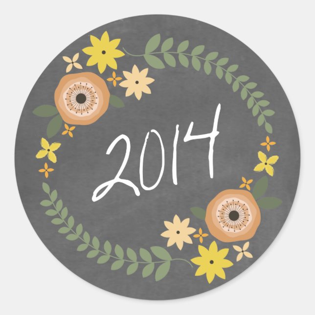 Chalkboard Inspired Orange Floral Wreath 2014 Grad Classic Round Sticker (Front)