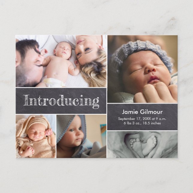 Chalkboard Introducing Newborn Baby Photo Collage Announcement Postcard (Front)