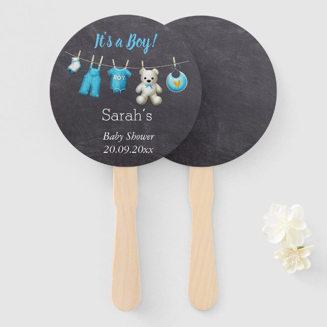Chalkboard It’s a Boy  Cute Laundry Baby Shower Hand Fan (Front and Back)