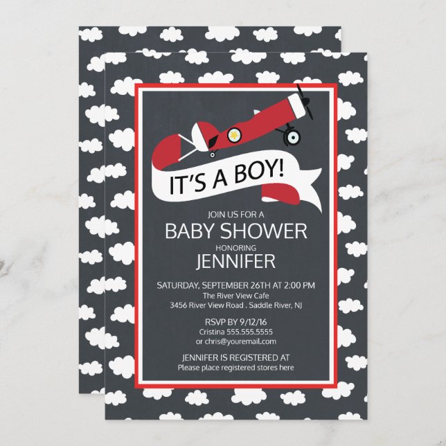 Chalkboard It's a Boy! Aeroplane Boys Baby Shower Invitation (Front/Back)
