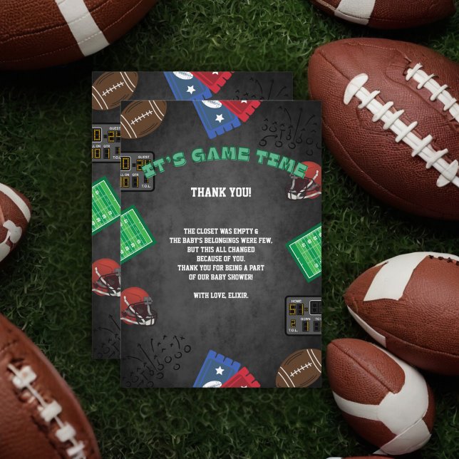 Chalkboard It's Game Time Football Baby Shower Thank You Card (Creator Uploaded)