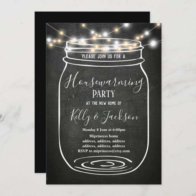chalkboard, jar, housewarming party invitation (Front/Back)