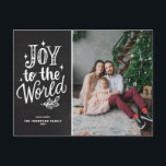 Chalkboard Joy To The World Christmas Carol Photo Holiday Postcard<br><div class="desc">Joy to the world,  the Lord is come! Customisable religious Christmas postcard featuring hand lettering,  sparkles and foliage with a faux chalkboard background. Personalise by adding names,  photos,  addresses and messages. Send Christmas wishes and greetings to family and friends with this rustic chalkboard Christmas postcard.</div>