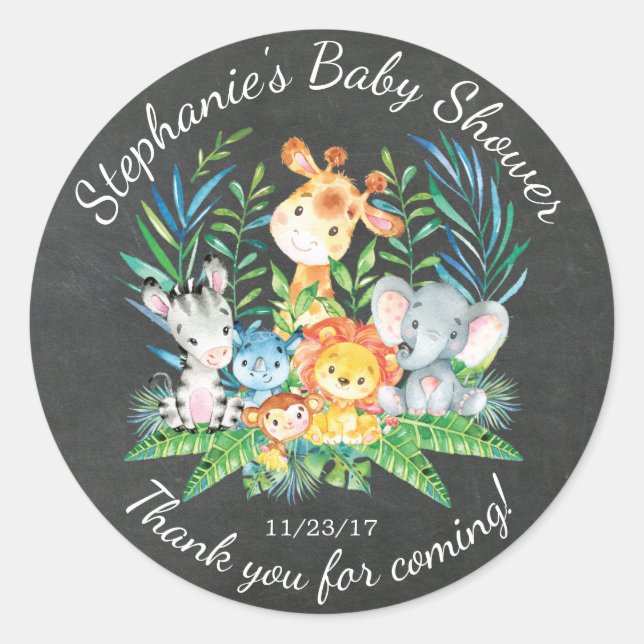 Chalkboard Jungle Animal Baby Shower Favour Sticke Classic Round Sticker (Front)
