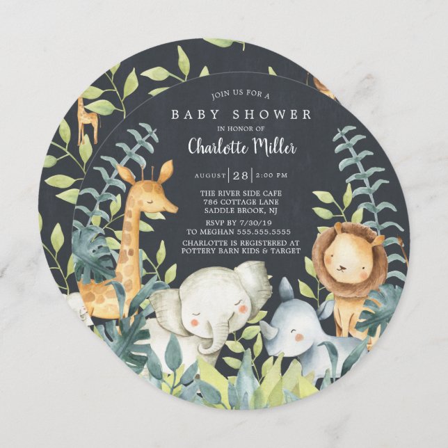 Chalkboard Jungle Animals Baby Shower Invitation (Front/Back)