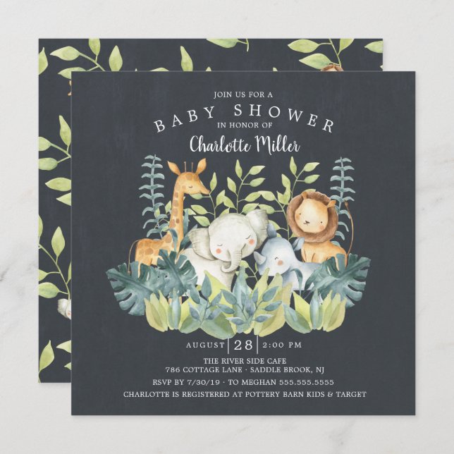 Chalkboard Jungle Animals Baby Shower Invitation (Front/Back)