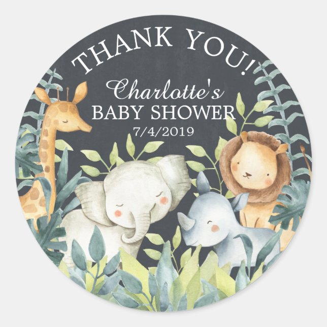 Chalkboard Jungle Baby Shower Thank You Favour Classic Round Sticker (Front)
