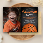 Chalkboard Kids Basketball Birthday Party Photo Invitation<br><div class="desc">Invite your guests with this cool basketball theme birthday party invitation featuring a basketball with modern typography against a chalkboard background. Simply add your event details on this easy-to-use template and adorn this card with your child's favourite photo to make it a one-of-a-kind invitation. Flip the card over to reveal...</div>