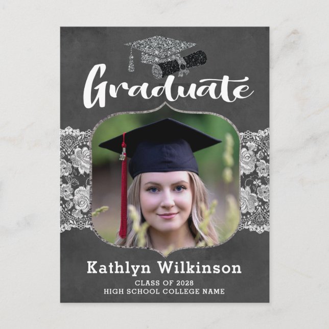 Chalkboard Lace Photo Graduation Announcement Postcard (Front)