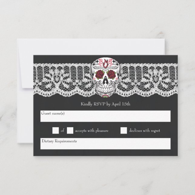 Chalkboard Lace Red & Black Sugar Skull RSVP cards (Front)
