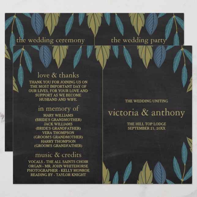 Chalkboard Leaf Wedding Bi-Fold Program (Front/Back)