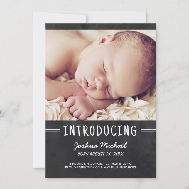 Chalkboard Lettering 1-Photo Birth Announcement (Front)