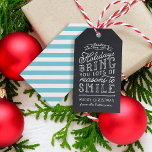 Chalkboard Lettering Blue Stripes Holiday Gift Tags<br><div class="desc">Custom printed personalised holiday gift tags. This fun design features cute hand-lettered style typography on a faux chalkboard background with aqua striped back. The text reads "Hope the holidays bring you lots of reasons to smile". Personalise it with your name or other custom text. Use the design tools to edit...</div>