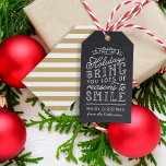 Chalkboard Lettering Gold Stripes Holiday Gift Tags<br><div class="desc">Custom printed personalised holiday gift tags. This fun design features cute hand-lettered style typography on a faux chalkboard background with gold striped back. The text reads "Hope the holidays bring you lots of reasons to smile". Personalise it with your name or other custom text. Use the design tools to edit...</div>