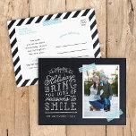 Chalkboard Lettering Holiday Photo Card<br><div class="desc">Affordable custom printed holiday photo postcards with simple templates for customisation. This fun design features cute hand-lettered style typography on a faux chalkboard background with aqua striped washi tape around your photo. The text reads "Hope the holidays bring you lots of reasons to smile". Personalise it with your photos, family...</div>