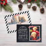 Chalkboard Lettering Holiday Photo Card<br><div class="desc">Affordable custom printed holiday photo cards with simple templates for customisation. This fun design features cute hand-lettered style typography on a faux chalkboard background with red striped washi tape around your photo. The text reads "Hope the holidays bring you lots of reasons to smile". Personalise it with your photos, family...</div>