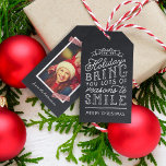 Chalkboard Lettering Holiday Photo Gift Tags<br><div class="desc">Custom printed holiday gift tags personalised with your photos and text. This fun two-sided design features cute hand-lettered style typography on a faux chalkboard background and red striped washi tape around your photo. The text reads "Hope the holidays bring you lots of reasons to smile". Personalise it with your photo,...</div>