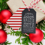Chalkboard Lettering Red Stripes Holiday Gift Tags<br><div class="desc">Custom printed personalised holiday gift tags. This fun design features cute hand-lettered style typography on a faux chalkboard background with red striped back. The text reads "Hope the holidays bring you lots of reasons to smile". Personalise it with your name or other custom text. Use the design tools to edit...</div>