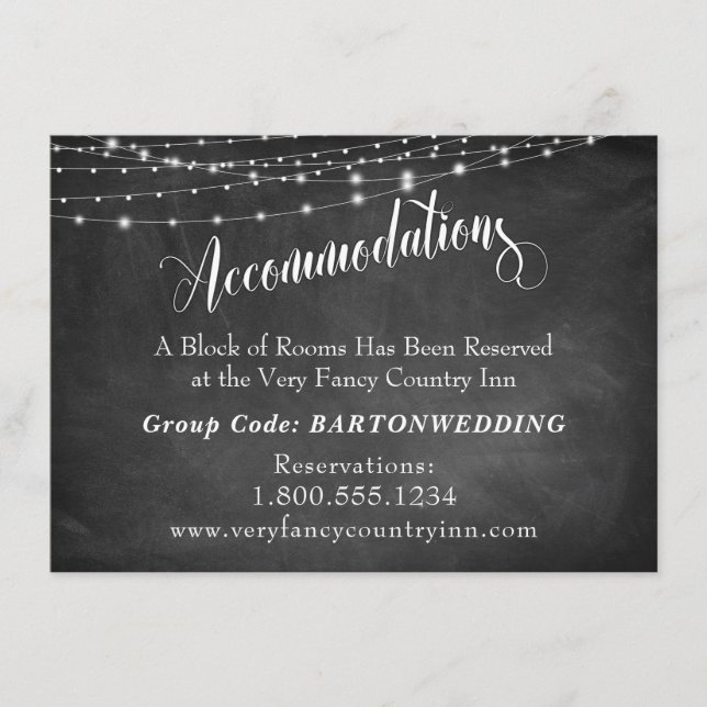 Chalkboard & Light Strings Wedding Accommodations Enclosure Card (Front)