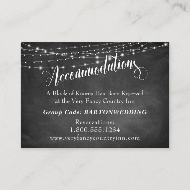 Chalkboard & Light Strings Wedding Accommodations Enclosure Card (Front)