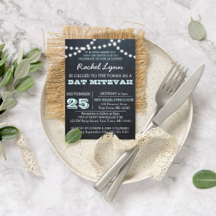 Chalkboard Lights Aqua Bat Mitzvah Invitation
