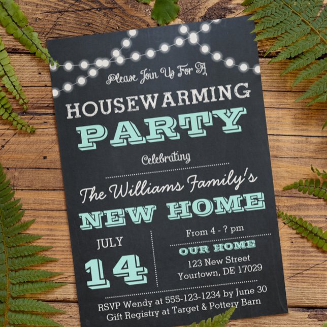 Chalkboard Lights Aqua Housewarming Invitations (Creator Uploaded)