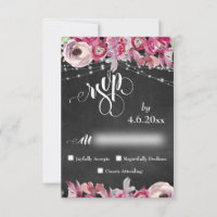 Chalkboard, Lights, Calligraphy Pink Flowers RSVP