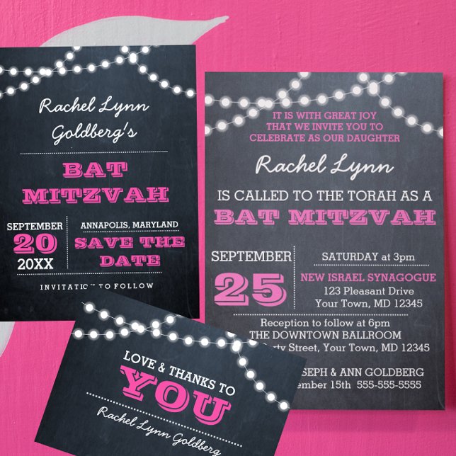 Chalkboard Lights Dark Pink Bat Mitzvah Invitation (Creator Uploaded)