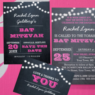 Chalkboard Lights Dark Pink Bat Mitzvah Thank You Card