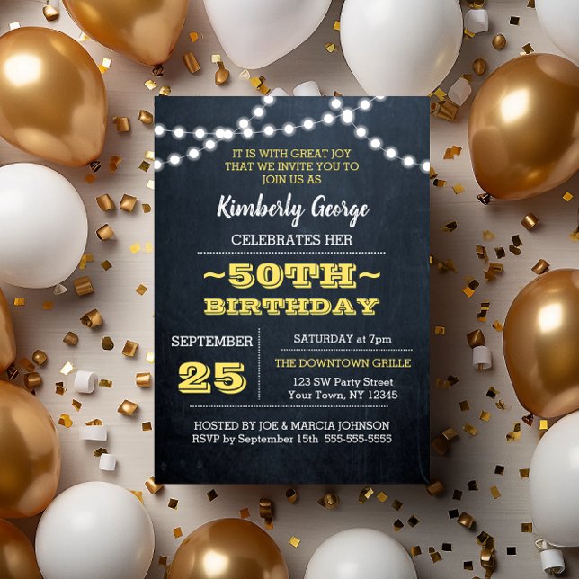 Chalkboard Lights Gold 50th Birthday Invitation (Creator Uploaded)