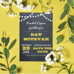 Chalkboard Lights Gold Bat Mitzvah Save the Date Announcement Postcard