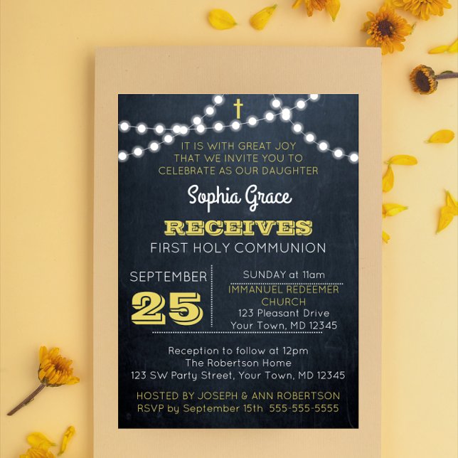 Chalkboard Lights Gold First Communion Invitation (Creator Uploaded)