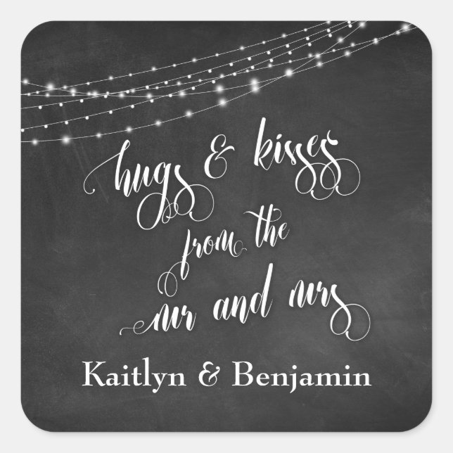 Chalkboard Lights Hugs & Kisses from Mr and Mrs Square Sticker (Front)