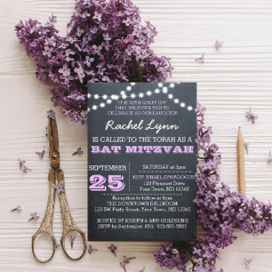 Chalkboard Lights Lilac Bat Mitzvah Invitation