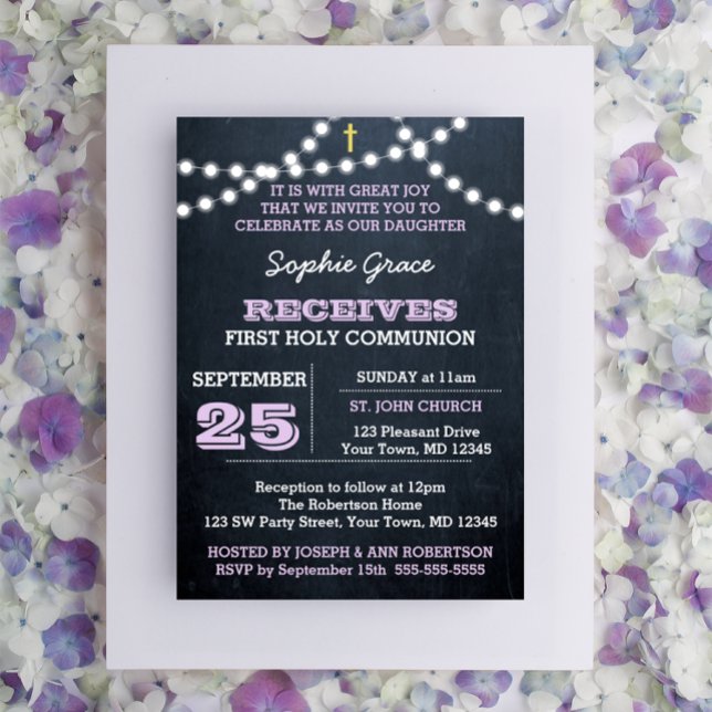 Chalkboard Lights Lilac First Holy Communion Invitation (Creator Uploaded)