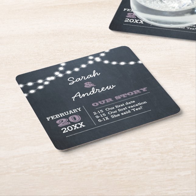 Chalkboard Lights Lilac Personalised Wedding Square Paper Coaster (Angled)