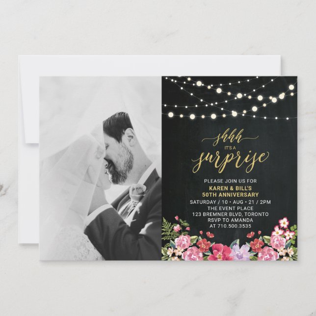 Chalkboard & Lights Photo 50th Wedding Anniversary Invitation (Front)