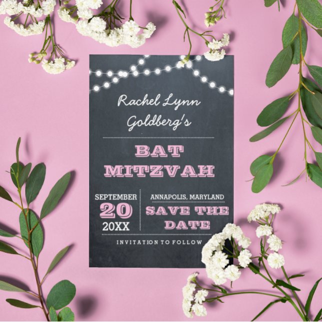 Chalkboard Lights Pink Bat Mitzvah Save the Date Announcement Postcard (Creator Uploaded)