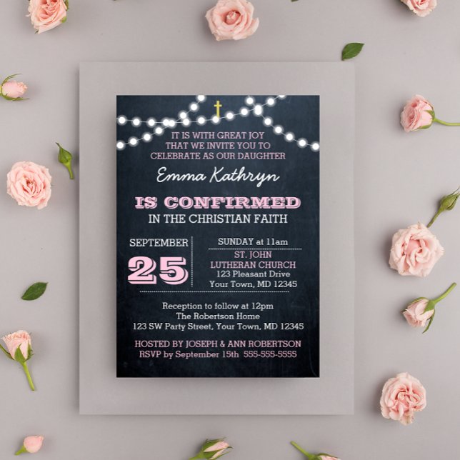 Chalkboard Lights Pink Confirmation Invitation (Creator Uploaded)